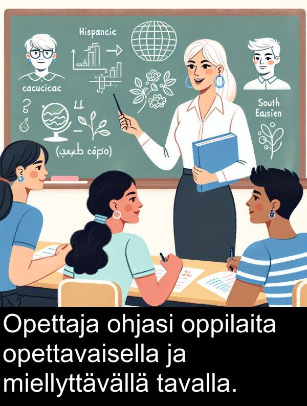 ohjasi: Opettaja ohjasi oppilaita opettavaisella ja miellyttävällä tavalla.