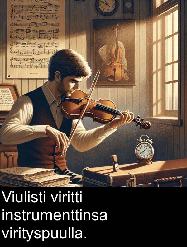 viritti: Viulisti viritti instrumenttinsa virityspuulla.