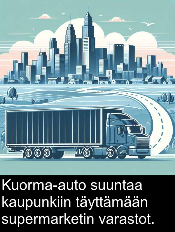 kaupunkiin: Kuorma-auto suuntaa kaupunkiin täyttämään supermarketin varastot.