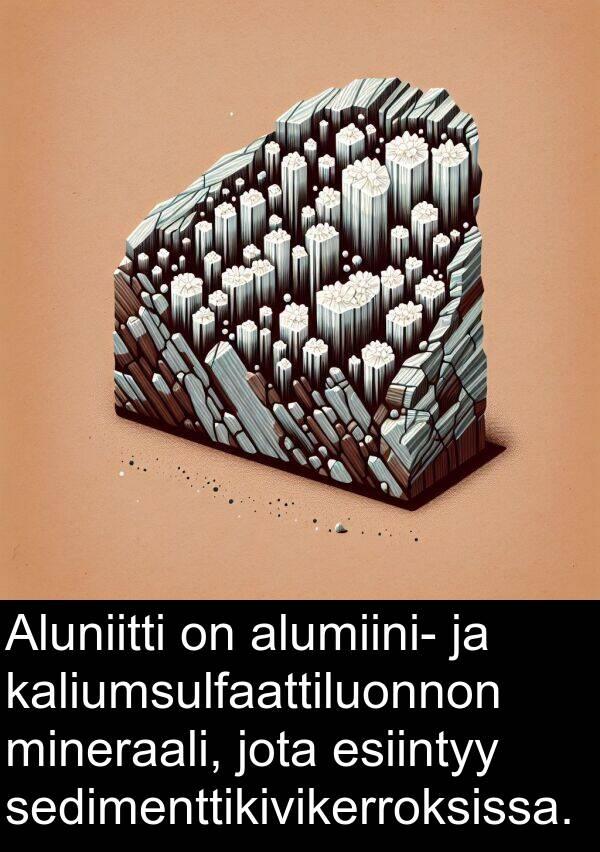 sedimenttikivikerroksissa: Aluniitti on alumiini- ja kaliumsulfaattiluonnon mineraali, jota esiintyy sedimenttikivikerroksissa.