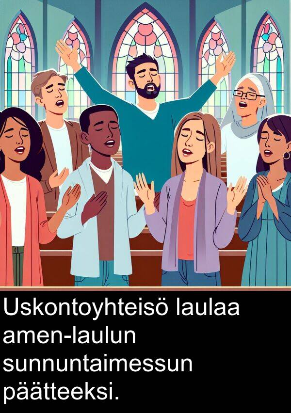 laulaa: Uskontoyhteisö laulaa amen-laulun sunnuntaimessun päätteeksi.