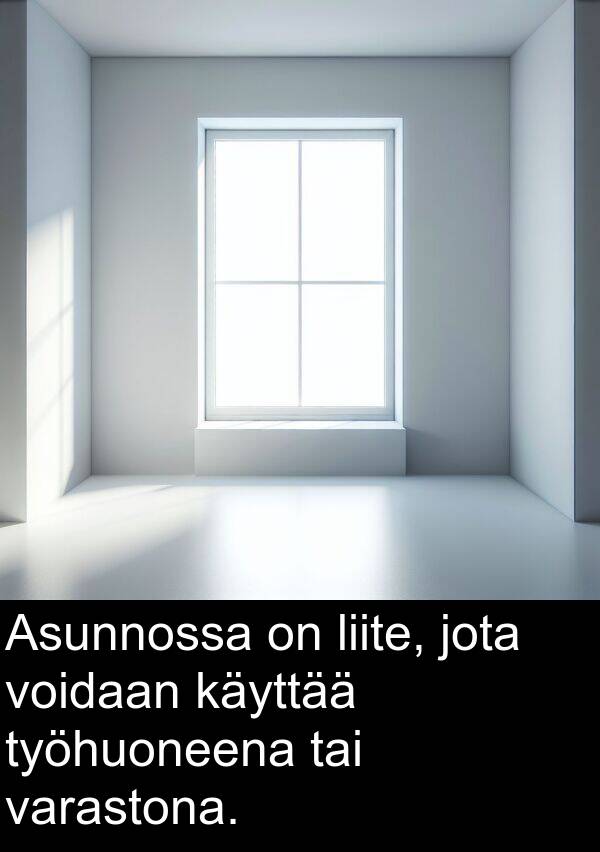 voidaan: Asunnossa on liite, jota voidaan käyttää työhuoneena tai varastona.