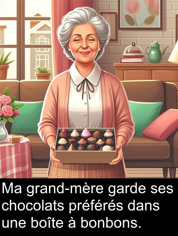 bonbons: Ma grand-mère garde ses chocolats préférés dans une boîte à bonbons.