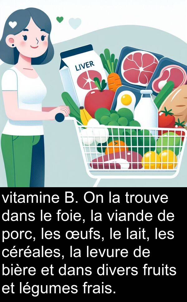 vitamine: vitamine B. On la trouve dans le foie, la viande de porc, les œufs, le lait, les céréales, la levure de bière et dans divers fruits et légumes frais.