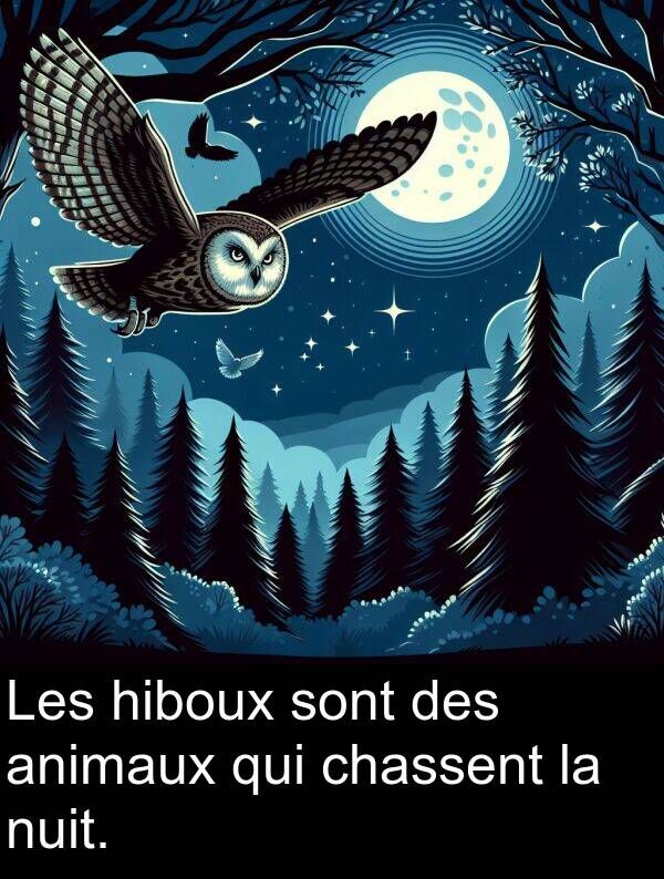 qui: Les hiboux sont des animaux qui chassent la nuit.