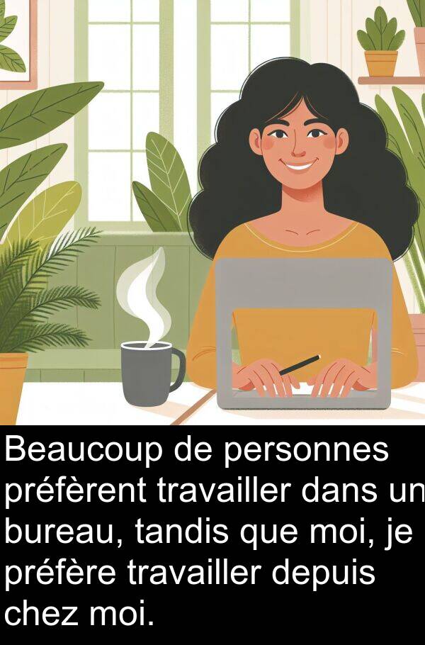 personnes: Beaucoup de personnes préfèrent travailler dans un bureau, tandis que moi, je préfère travailler depuis chez moi.