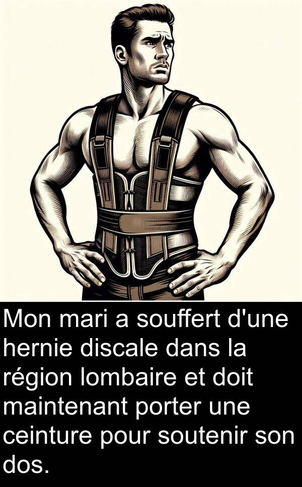 maintenant: Mon mari a souffert d'une hernie discale dans la région lombaire et doit maintenant porter une ceinture pour soutenir son dos.