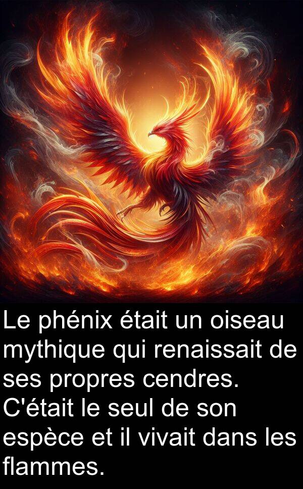 oiseau: Le phénix était un oiseau mythique qui renaissait de ses propres cendres. C'était le seul de son espèce et il vivait dans les flammes.