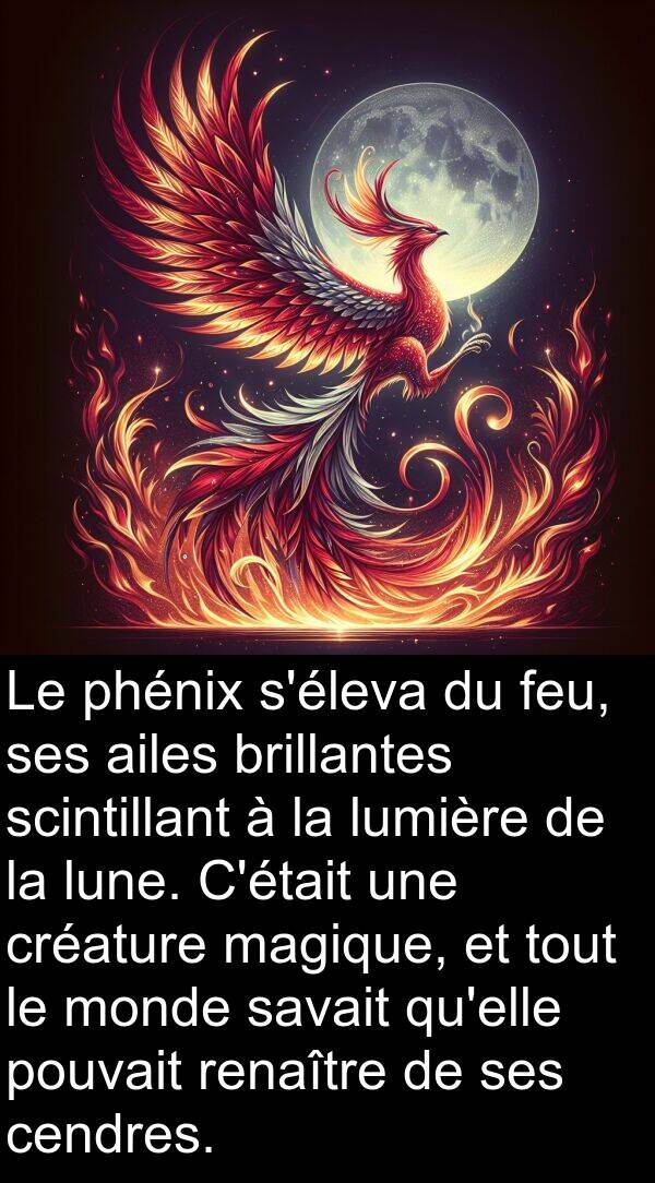 feu: Le phénix s'éleva du feu, ses ailes brillantes scintillant à la lumière de la lune. C'était une créature magique, et tout le monde savait qu'elle pouvait renaître de ses cendres.