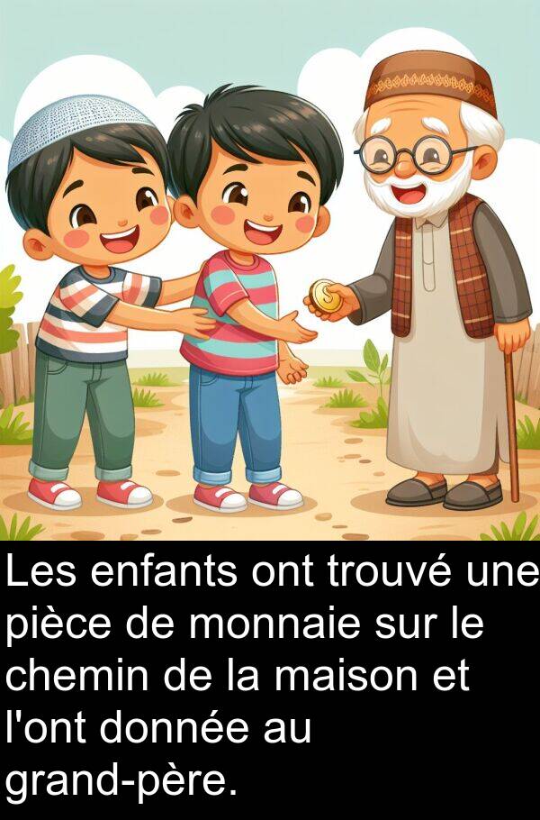 trouvé: Les enfants ont trouvé une pièce de monnaie sur le chemin de la maison et l'ont donnée au grand-père.