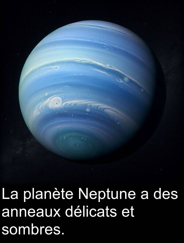 anneaux: La planète Neptune a des anneaux délicats et sombres.