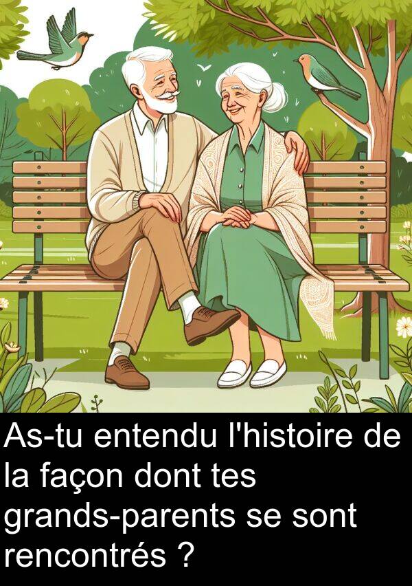 façon: As-tu entendu l'histoire de la façon dont tes grands-parents se sont rencontrés ?