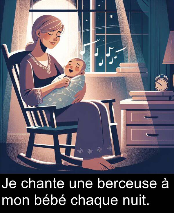 une: Je chante une berceuse à mon bébé chaque nuit.