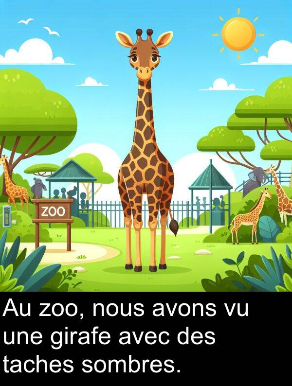 girafe: Au zoo, nous avons vu une girafe avec des taches sombres.