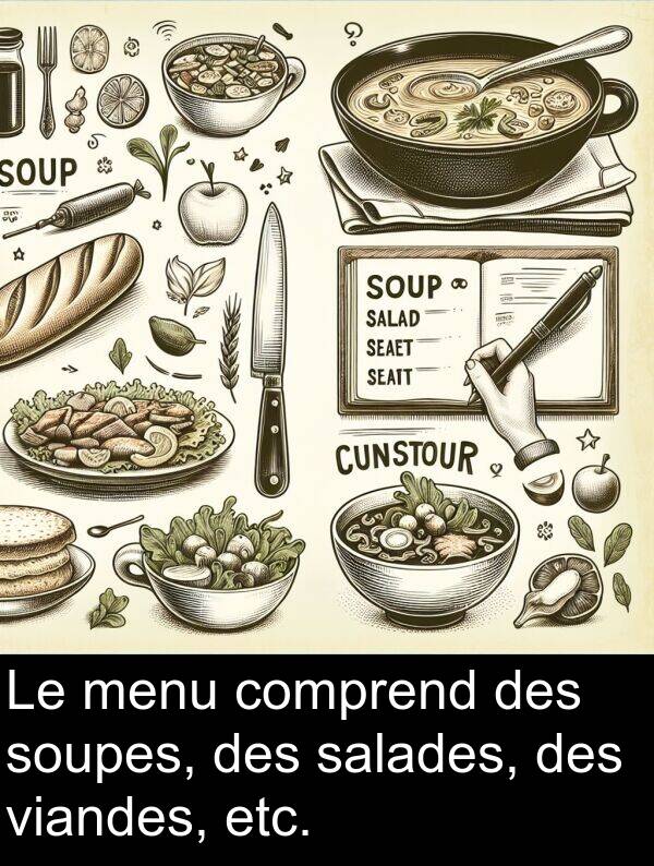 viandes: Le menu comprend des soupes, des salades, des viandes, etc.