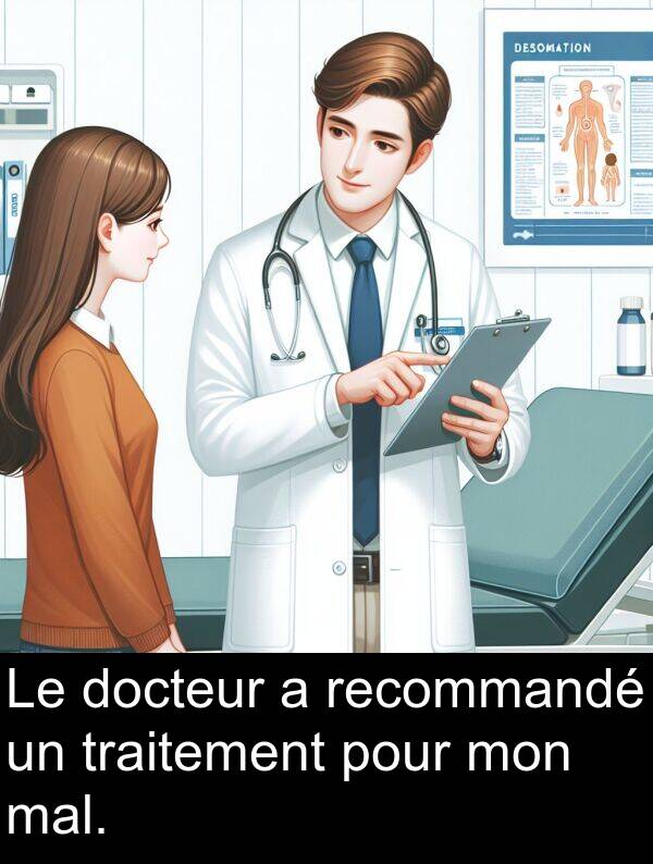 recommandé: Le docteur a recommandé un traitement pour mon mal.