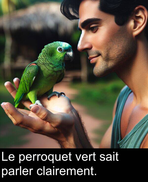 vert: Le perroquet vert sait parler clairement.