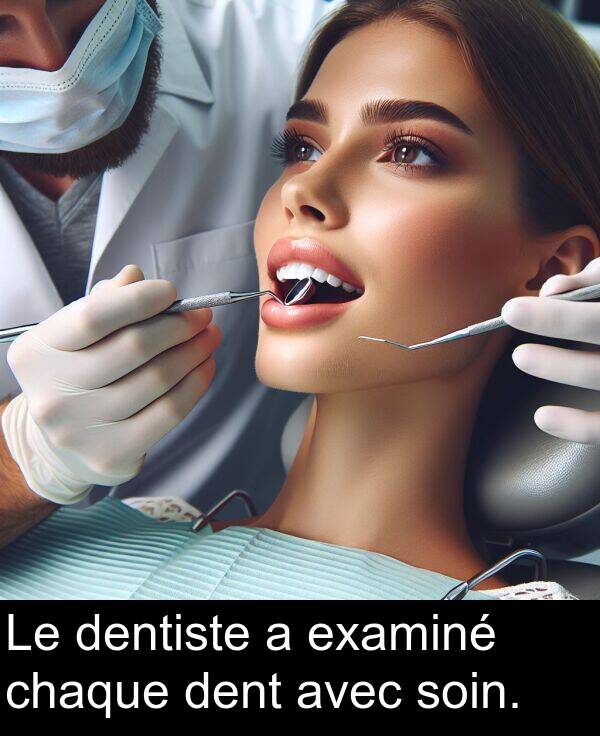 avec: Le dentiste a examiné chaque dent avec soin.