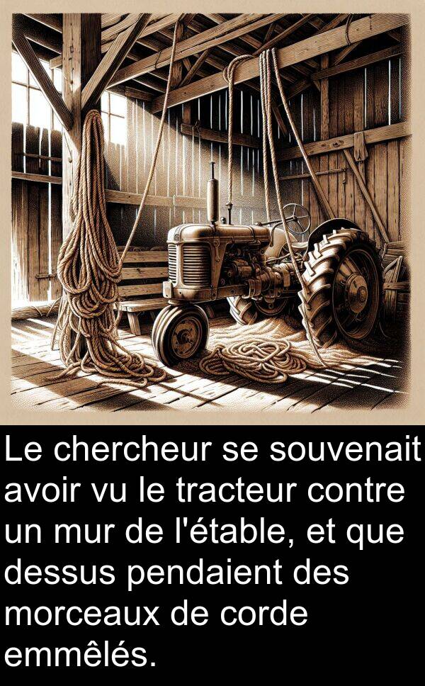 souvenait: Le chercheur se souvenait avoir vu le tracteur contre un mur de l'étable, et que dessus pendaient des morceaux de corde emmêlés.