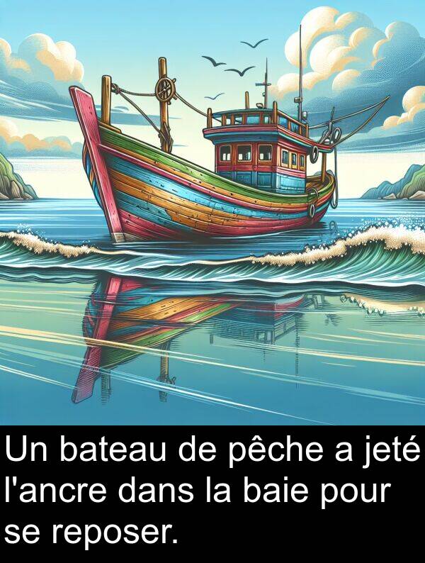 pêche: Un bateau de pêche a jeté l'ancre dans la baie pour se reposer.