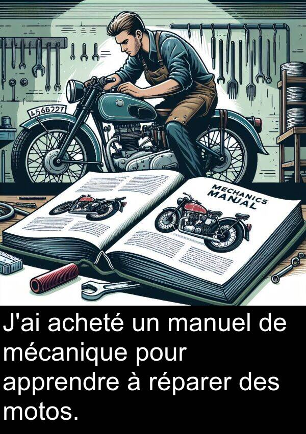 acheté: J'ai acheté un manuel de mécanique pour apprendre à réparer des motos.