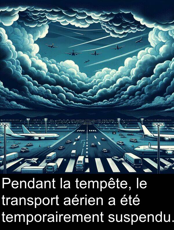 tempête: Pendant la tempête, le transport aérien a été temporairement suspendu.