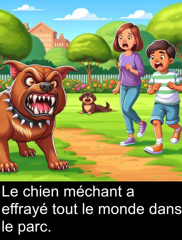 parc: Le chien méchant a effrayé tout le monde dans le parc.