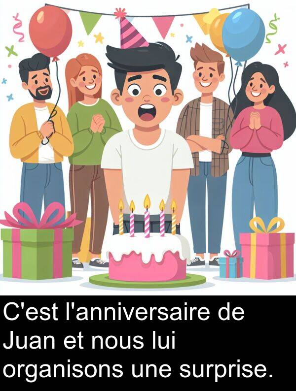 lui: C'est l'anniversaire de Juan et nous lui organisons une surprise.