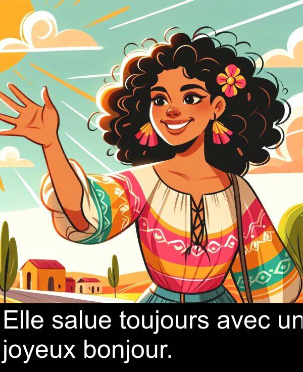 avec: Elle salue toujours avec un joyeux bonjour.