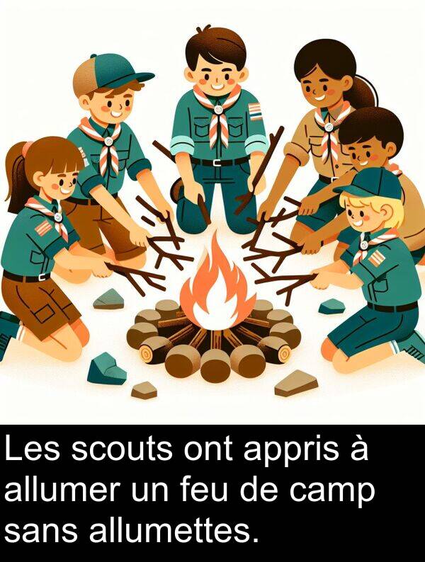 feu: Les scouts ont appris à allumer un feu de camp sans allumettes.