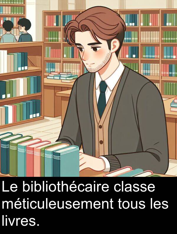 livres: Le bibliothécaire classe méticuleusement tous les livres.