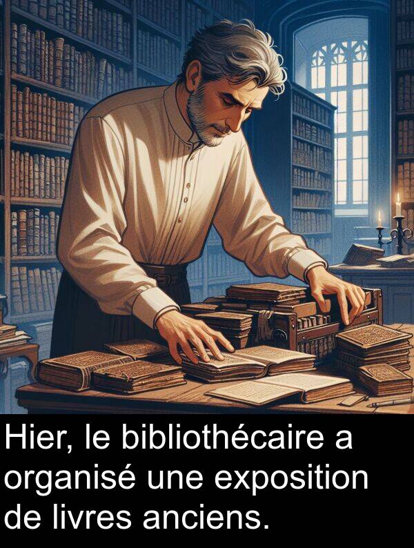 livres: Hier, le bibliothécaire a organisé une exposition de livres anciens.