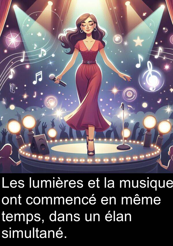 lumières: Les lumières et la musique ont commencé en même temps, dans un élan simultané.