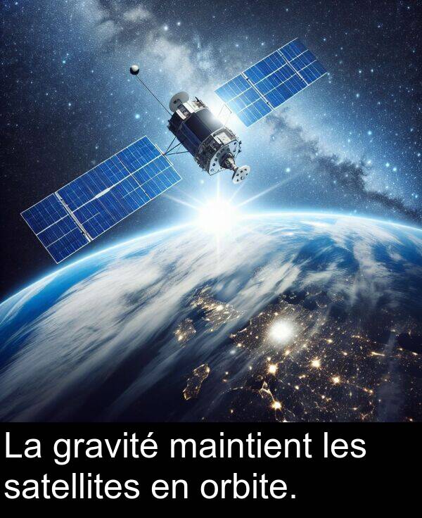 maintient: La gravité maintient les satellites en orbite.