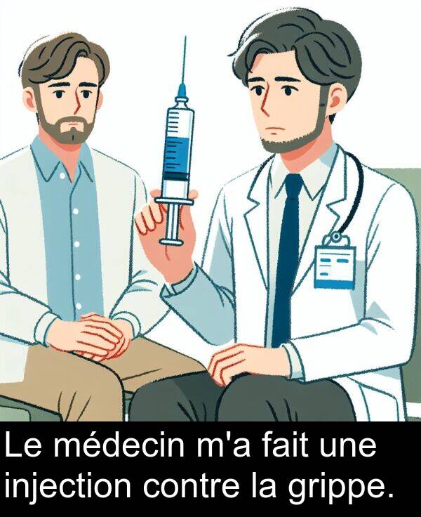 injection: Le médecin m'a fait une injection contre la grippe.