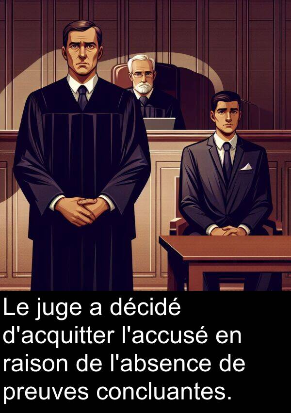 raison: Le juge a décidé d'acquitter l'accusé en raison de l'absence de preuves concluantes.