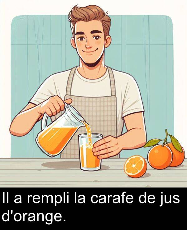 rempli: Il a rempli la carafe de jus d'orange.