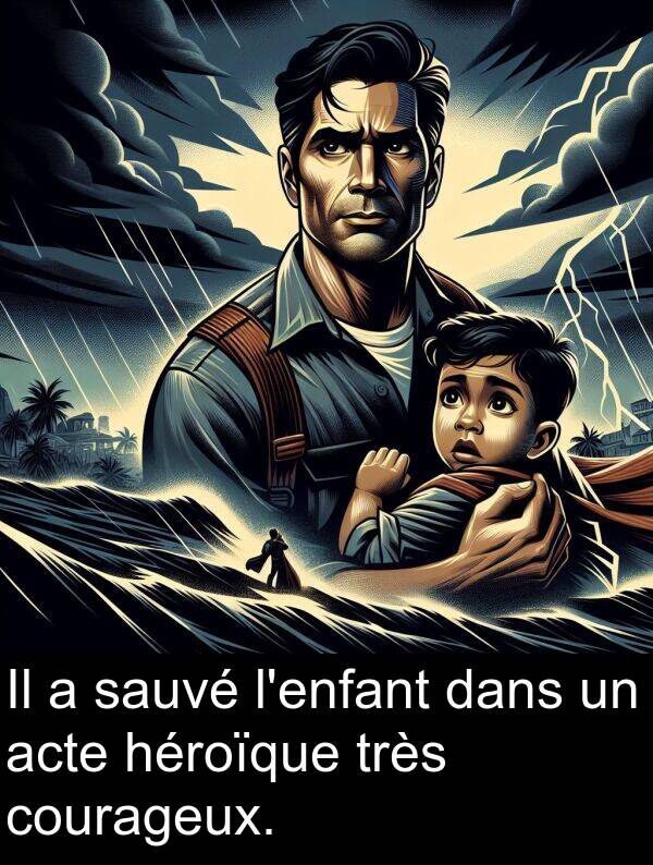 acte: Il a sauvé l'enfant dans un acte héroïque très courageux.