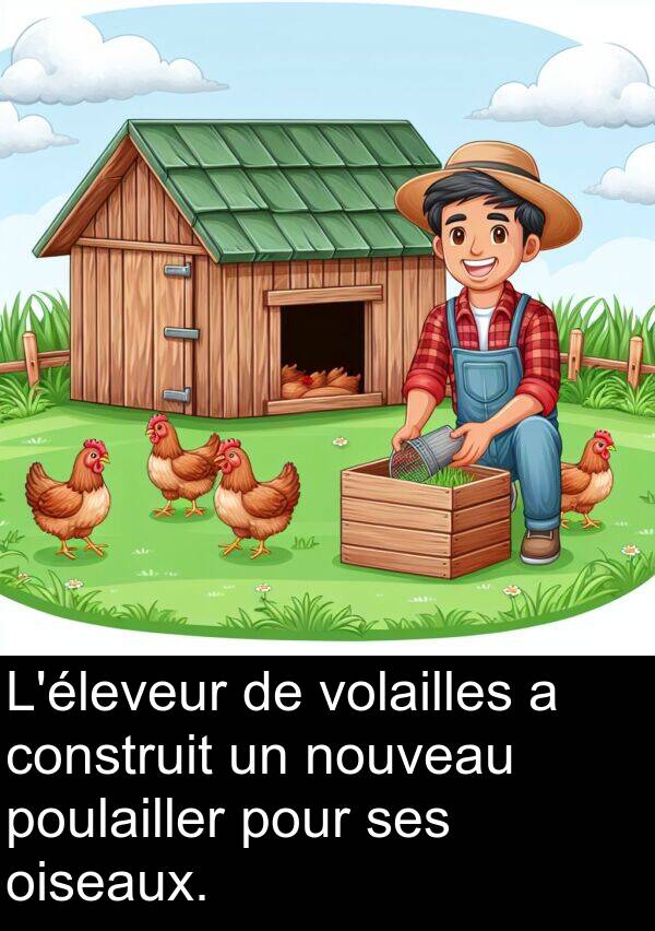 oiseaux: L'éleveur de volailles a construit un nouveau poulailler pour ses oiseaux.