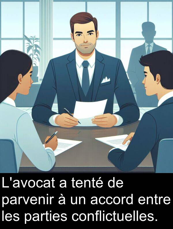 accord: L'avocat a tenté de parvenir à un accord entre les parties conflictuelles.