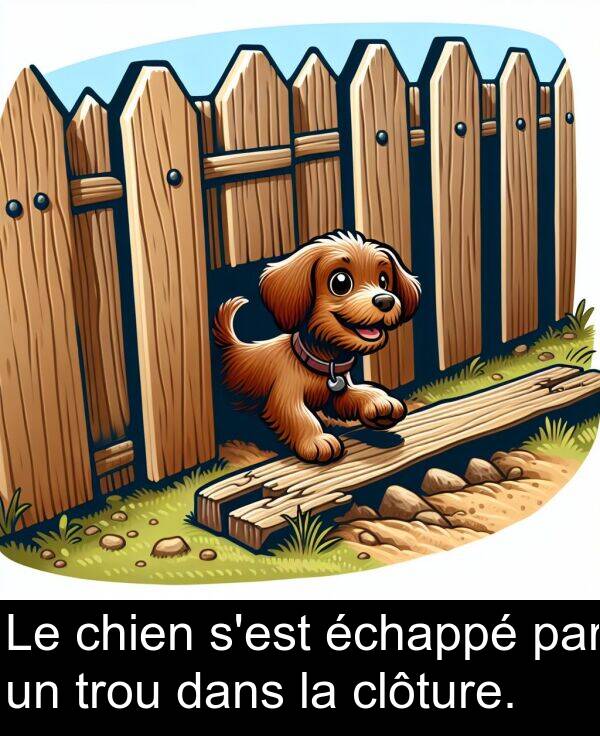 par: Le chien s'est échappé par un trou dans la clôture.