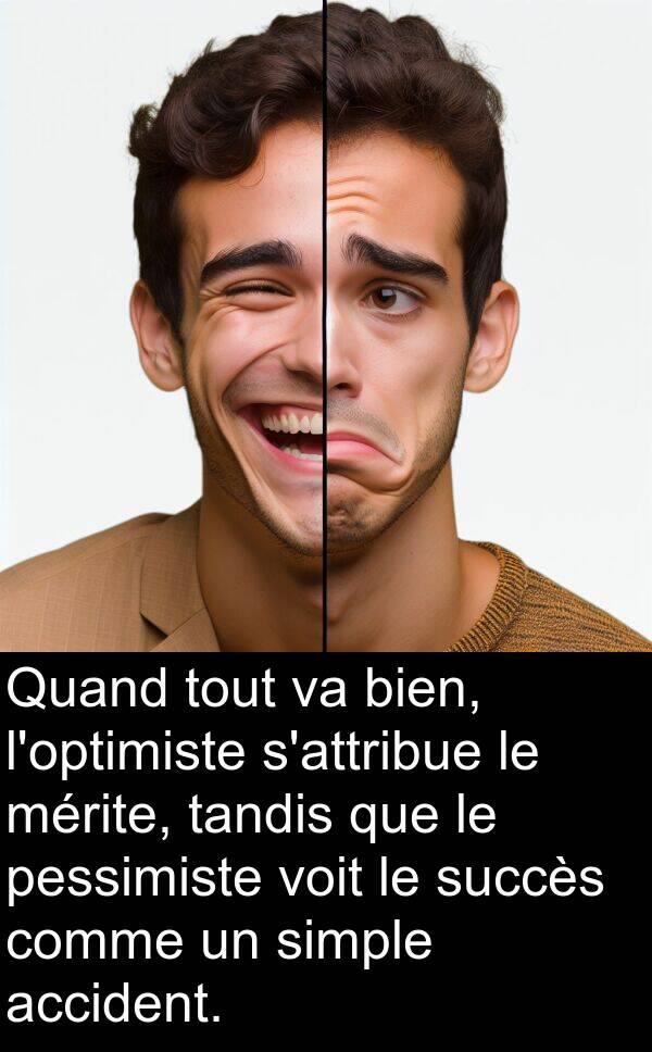 accident: Quand tout va bien, l'optimiste s'attribue le mérite, tandis que le pessimiste voit le succès comme un simple accident.