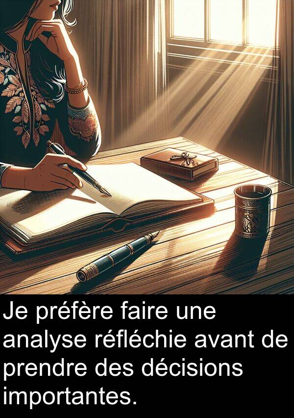 faire: Je préfère faire une analyse réfléchie avant de prendre des décisions importantes.