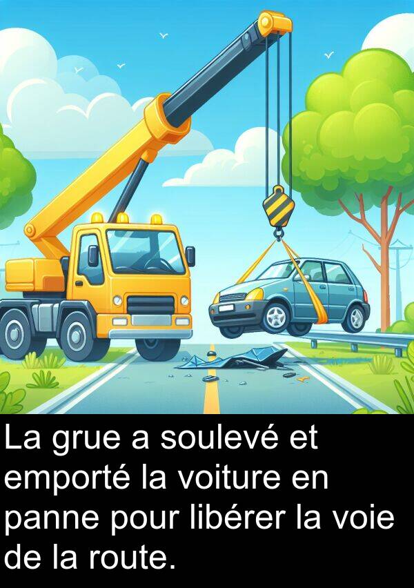 route: La grue a soulevé et emporté la voiture en panne pour libérer la voie de la route.