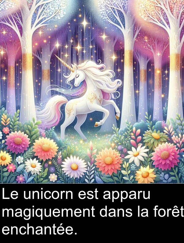 apparu: Le unicorn est apparu magiquement dans la forêt enchantée.