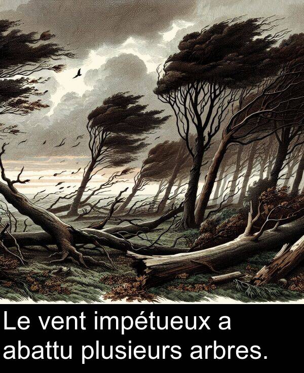 abattu: Le vent impétueux a abattu plusieurs arbres.