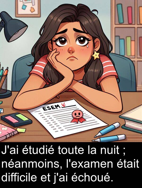 toute: J'ai étudié toute la nuit ; néanmoins, l'examen était difficile et j'ai échoué.