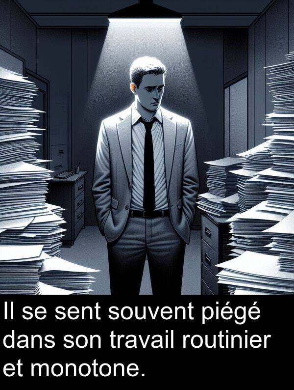 sent: Il se sent souvent piégé dans son travail routinier et monotone.