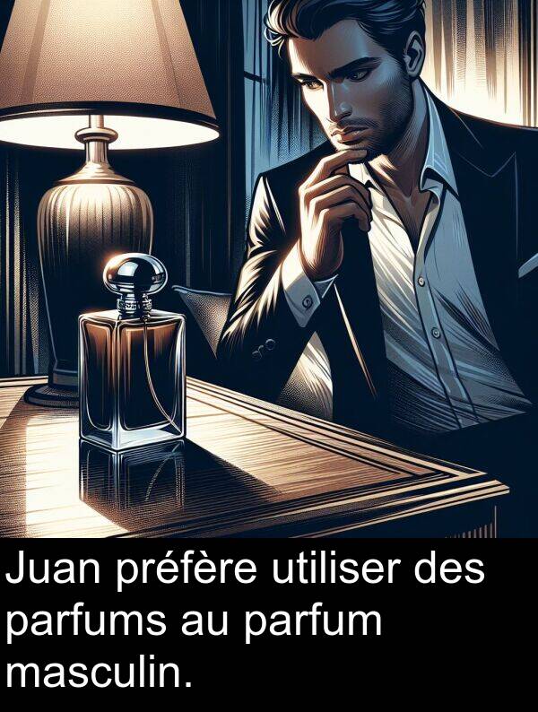 utiliser: Juan préfère utiliser des parfums au parfum masculin.