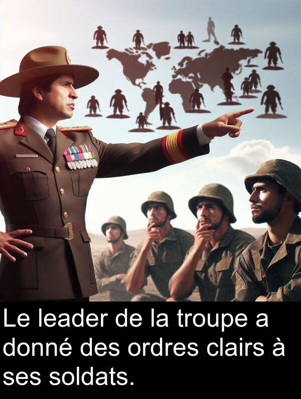 ordres: Le leader de la troupe a donné des ordres clairs à ses soldats.